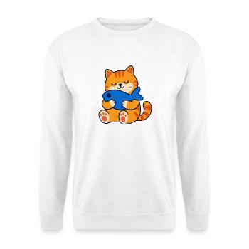 Orangefarbene getigerte Katze umarmt ein Fischkissen - Unisex Pullover - Weiß - Vorne - Alina (178cm) & Michal (187cm)