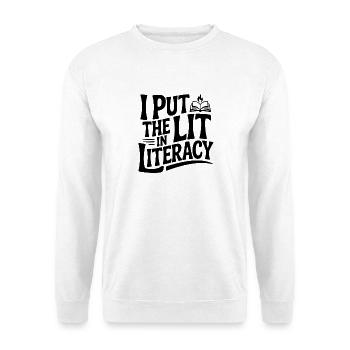 Ich setze die Literatur in Alphabetisierung - Unisex Pullover - Weiß - Vorne - Alina (178cm) & Michal (187cm)