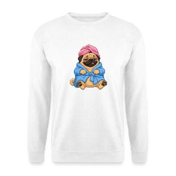 Mops entspannt sich in einem flauschigen blauen Spa-Bademantel - Unisex Pullover - Weiß - Vorne - Alina (178cm) & Michal (187cm)
