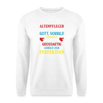 Altenpfleger Geschenk Altenpflege Pflegefachkraft - Unisex Pullover - Weiß - Vorne - Alina (178cm) & Michal (187cm)