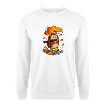 Igel im Regen – Niedliches Herbstmotiv - Unisex Pullover - Weiß - Vorne - Alina (178cm) & Michal (187cm)