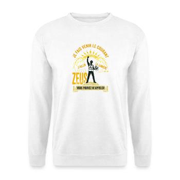 Zeus- oder Elektriker-Humorjob - Unisex Pullover - Weiß - Vorne - Alina (178cm) & Michal (187cm)