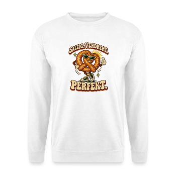 Salzig. Verdreht. Perfekt. Lustige Brezel - Unisex Pullover - Weiß - Vorne - Alina (178cm) & Michal (187cm)