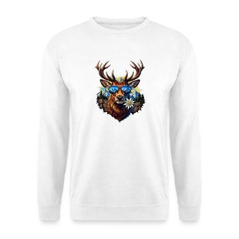 Hirsch Sonnenbrille Edelweiss Volksfest Tracht - Unisex Pullover - Weiß - Vorne - Alina (178cm) & Michal (187cm)