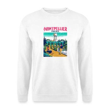 Retro Montpellier France Travel Poster Aesthetic - Unisex Pullover - Weiß - Vorne - Alina (178cm) & Michal (187cm)