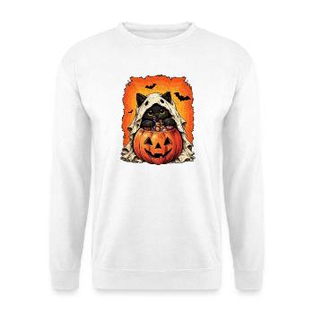 Geisterkatze Kürbisfledermäuse frohes Halloween - Unisex Pullover - Weiß - Vorne - Alina (178cm) & Michal (187cm)