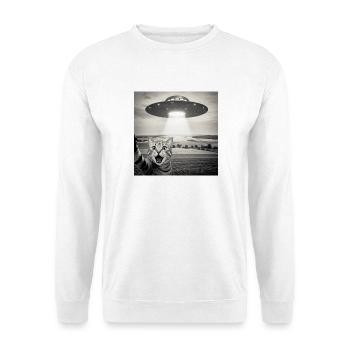 UFO Katze Alien Weltall Lustiges Katzen Motiv - Unisex Pullover - Weiß - Vorne - Alina (178cm) & Michal (187cm)
