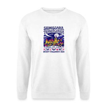 Sighisoara Transylvania Groovy Halloween Bats - Unisex Pullover - Weiß - Vorne - Alina (178cm) & Michal (187cm)