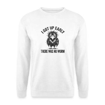 Frühaufsteher Eule Spruch - Unisex Pullover - Weiß - Vorne - Alina (178cm) & Michal (187cm)