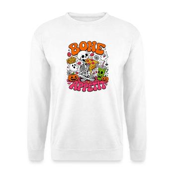 Bone Appetit lustiges Halloween-Skelett isst Pizza - Unisex Pullover - Weiß - Vorne - Alina (178cm) & Michal (187cm)