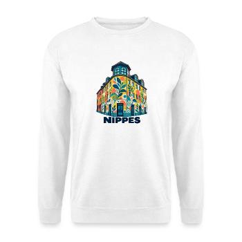 Nippes Eckhaus mit Schrift - Unisex Pullover - Weiß - Vorne - Alina (178cm) & Michal (187cm)