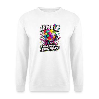 Level Up Geburtstagsballons Neon Glow - Unisex Pullover - Weiß - Vorne - Alina (178cm) & Michal (187cm)