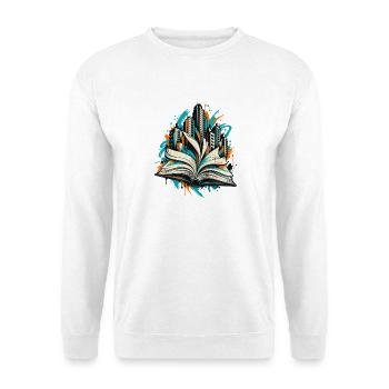 Bücherwelten – Skyline aus offenem Buch - Unisex Pullover - Weiß - Vorne - Alina (178cm) & Michal (187cm)
