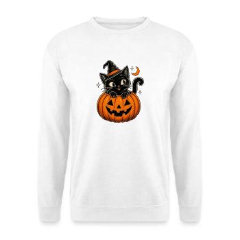 Halloween Katze mit Hexenhut im Kürbis - Unisex Pullover - Weiß - Vorne - Alina (178cm) & Michal (187cm)