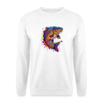 Bunte Karpfen-Kunstplatte Pfirsich - Unisex Pullover - Weiß - Vorne - Alina (178cm) & Michal (187cm)