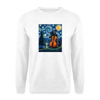 Sternennachtskatze spielt Cello – Cellist, Kunstliebhaber - Unisex Pullover - Weiß - Vorne - Alina (178cm) & Michal (187cm)