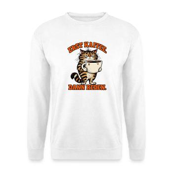 Erst Kaffee Dann Reden – Grumpy Katze - Unisex Pullover - Weiß - Vorne - Alina (178cm) & Michal (187cm)