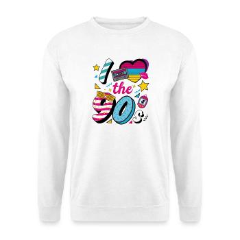 I Love the 90s Retro Nostalgie Party Spruch - Unisex Pullover - Weiß - Vorne - Alina (178cm) & Michal (187cm)
