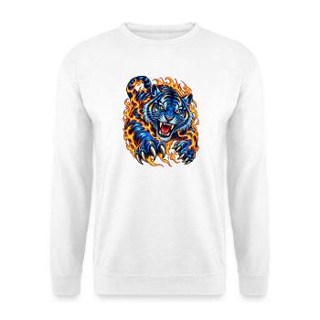Blauer Tiger in Flammen - Unisex Pullover - Weiß - Vorne - Alina (178cm) & Michal (187cm)
