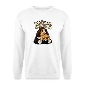 Descartes Burger – Ich kaue, also bin ich - Unisex Pullover - Weiß - Vorne - Alina (178cm) & Michal (187cm)