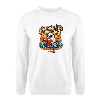 Ik snack platt und du? Möwe mit Buch plattdeutsch  - Unisex Pullover - Weiß - Vorne - Alina (178cm) & Michal (187cm)