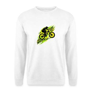 Mountainbike Downhill in Neongrün mit Rennflaggen - Unisex Pullover - Weiß - Vorne - Alina (178cm) & Michal (187cm)