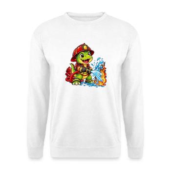 Feuerwehr Dinosaurier löscht Feuer für Kinder - Unisex Pullover - Weiß - Vorne - Alina (178cm) & Michal (187cm)