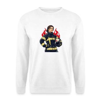 Feuerwehrfrau mit Helm und Flammen - Unisex Pullover - Weiß - Vorne - Alina (178cm) & Michal (187cm)