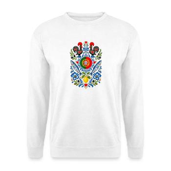 Portugal | Hahn, Sardinen & Azulejo - Unisex Pullover - Weiß - Vorne - Alina (178cm) & Michal (187cm)