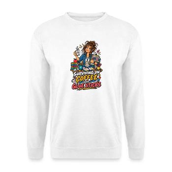 Kaffee und Klebstifte Überleben - Unisex Pullover - Weiß - Vorne - Alina (178cm) & Michal (187cm)