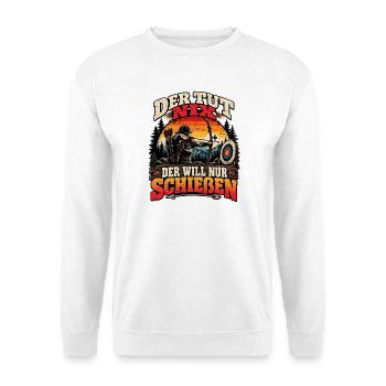 Bogenschießen Der tut nix der will nur schießen - Unisex Pullover - Weiß - Vorne - Alina (178cm) & Michal (187cm)