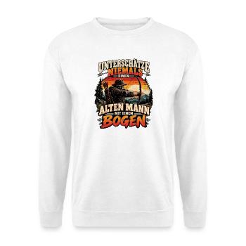 Unterschätze niemals einen alten Mann mit Bogen - Unisex Pullover - Weiß - Vorne - Alina (178cm) & Michal (187cm)