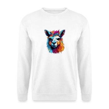 Bunter Llama Popart Muster - Unisex Pullover - Weiß - Vorne - Alina (178cm) & Michal (187cm)