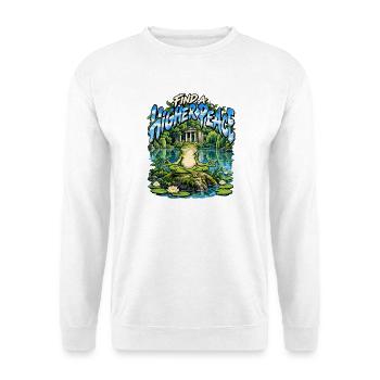 Find a Higher Peace – Meditativer Frosch - Unisex Pullover - Weiß - Vorne - Alina (178cm) & Michal (187cm)