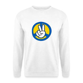 Friedenshand Retro Symbol für Ukraine - Unisex Pullover - Weiß - Vorne - Alina (178cm) & Michal (187cm)