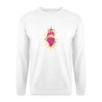Flammenherz Dornenkreuz Herz Jesu Symbol - Unisex Pullover - Weiß - Vorne - Alina (178cm) & Michal (187cm)