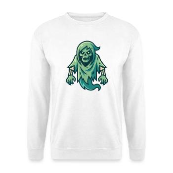 Gruseliger grüner Cartoon-Geist mit skelettartigen Zügen - Unisex Pullover - Weiß - Vorne - Alina (178cm) & Michal (187cm)