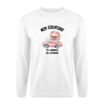 Zwergspitz Schlafshirt Rosa Cabrio - Unisex Pullover - Weiß - Vorne - Alina (178cm) & Michal (187cm)