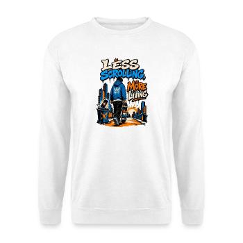 Weniger Reisen, mehr Leben - Unisex Pullover - Weiß - Vorne - Alina (178cm) & Michal (187cm)