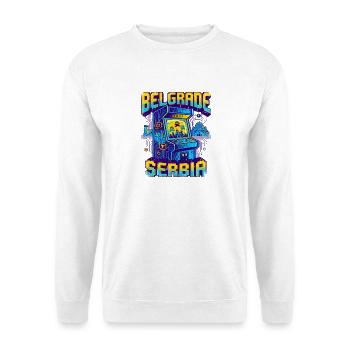 Retro Arcade Gamer Belgrade Serbia Skyline - Unisex Pullover - Weiß - Vorne - Alina (178cm) & Michal (187cm)