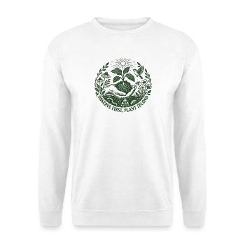 Beobachten Sie die erste Pflanze, die zweite Pflanze - Unisex Pullover - Weiß - Vorne - Alina (178cm) & Michal (187cm)