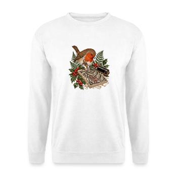 Rotkehlchen beim botanischen Linolschnitt - Unisex Pullover - Weiß - Vorne - Alina (178cm) & Michal (187cm)