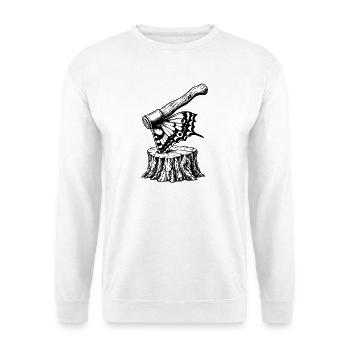 Schmetterlingsaxt auf Stumpf – Surrealistische Natur - Unisex Pullover - Weiß - Vorne - Alina (178cm) & Michal (187cm)