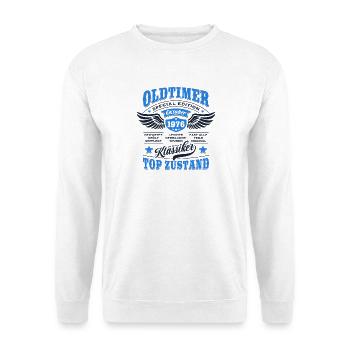 Oldtimer Oktober 1976 - Geburtstag - Geschenk - Unisex Pullover - Weiß - Vorne - Alina (178cm) & Michal (187cm)