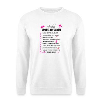 JGA Braut Checkliste Mädelsabend Party Motiv - Unisex Pullover - Weiß - Vorne - Alina (178cm) & Michal (187cm)