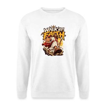 Walk by Faith: Jesus Grafik - Unisex Pullover - Weiß - Vorne - Alina (178cm) & Michal (187cm)
