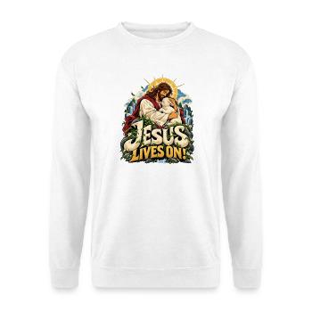 Jesus Lives On Lamm Natur - Unisex Pullover - Weiß - Vorne - Alina (178cm) & Michal (187cm)