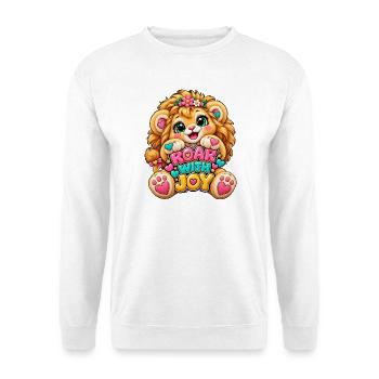 Kawaii Löwenbaby mit JOY Schrift - Unisex Pullover - Weiß - Vorne - Alina (178cm) & Michal (187cm)