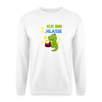 Ich Bin 1.Klasse Dino Erste Klasse 1. Schultag - Unisex Pullover - Weiß - Vorne - Alina (178cm) & Michal (187cm)