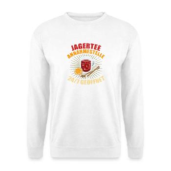 Jagertee Annahmestelle Glühweinstand - Unisex Pullover - Weiß - Vorne - Alina (178cm) & Michal (187cm)